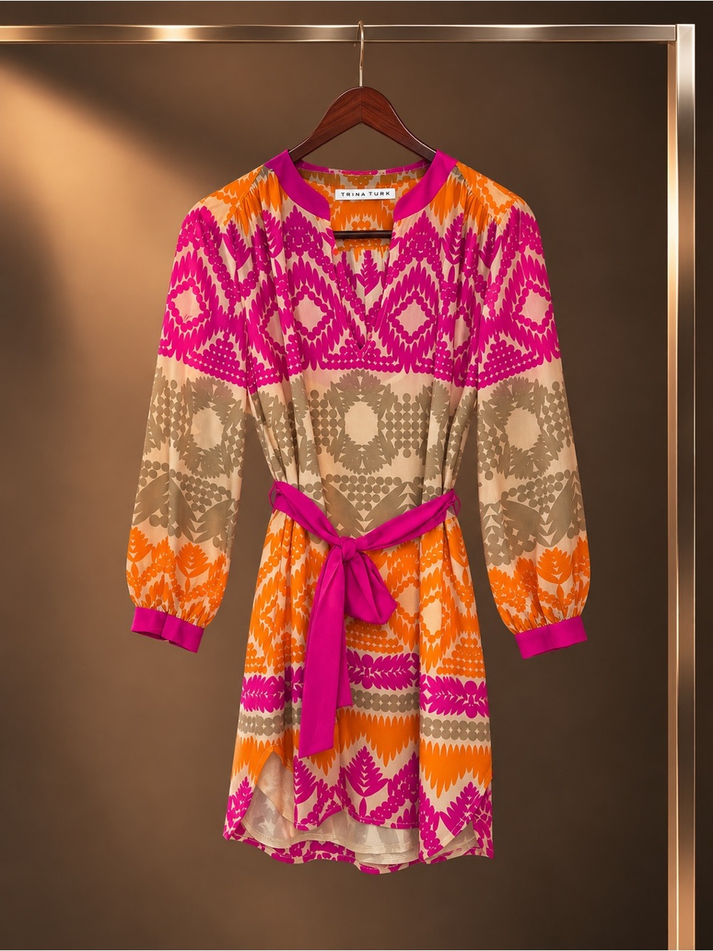 Trina Turk Geometric Print Tunic Dress Belted with Slip Pink Orange Size XS
